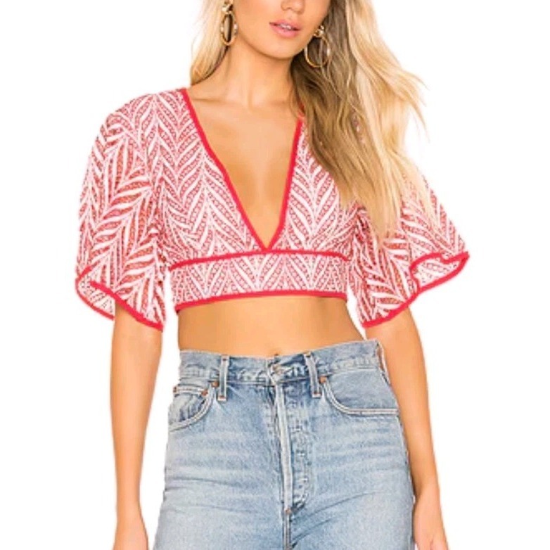 Lovers + Friends Red White Embroidered Eyelet Crop Top Boho V Neck Revolve Nwt L